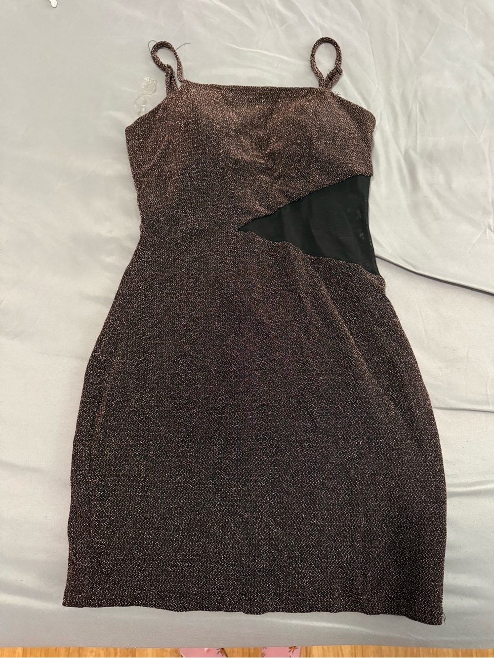 Trixxi Sparkly Brown Mini Dress with Black Mesh Cutout